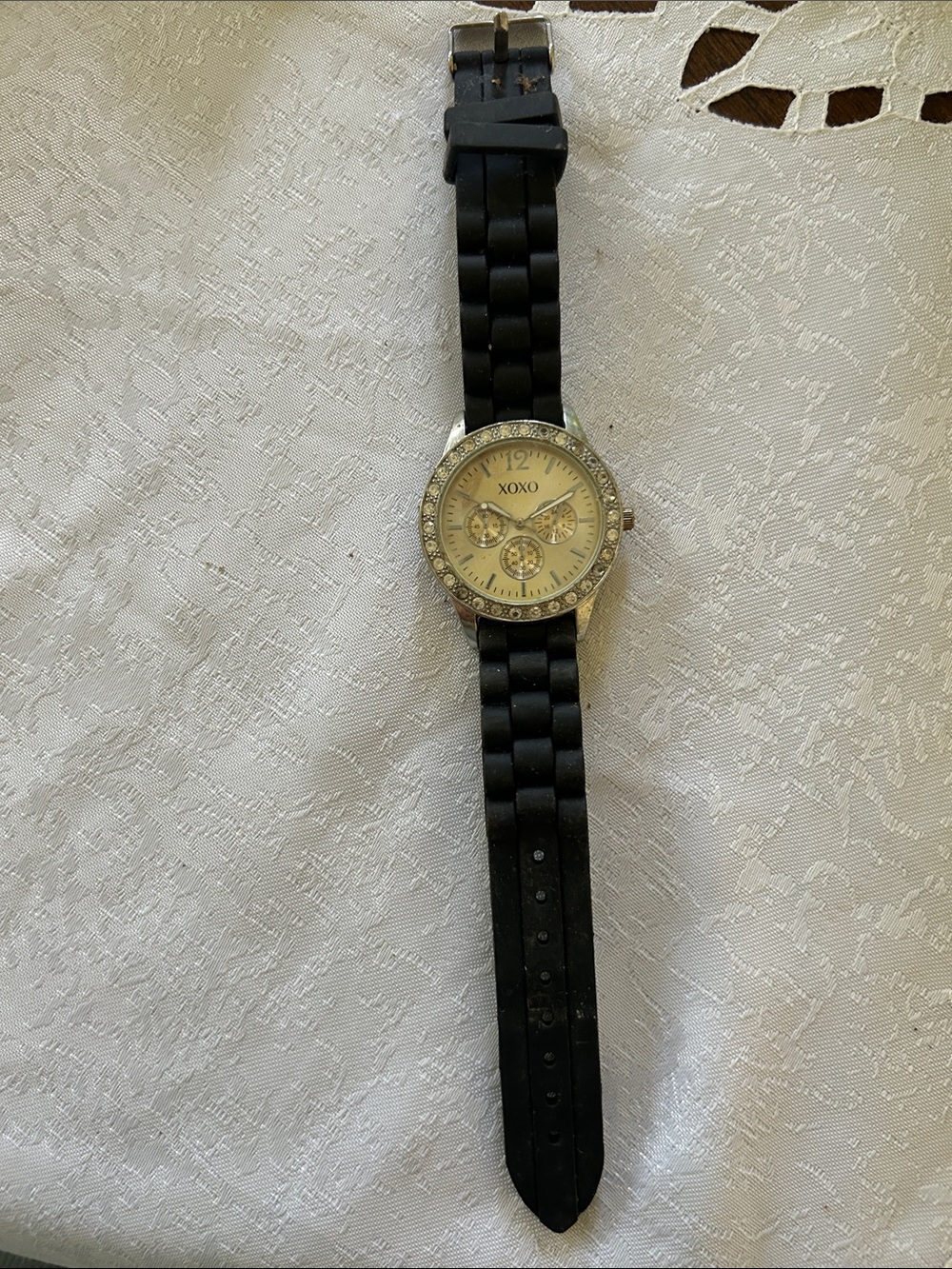XOXO Black Silicone Strap Watch with Silver Crystal Bezel